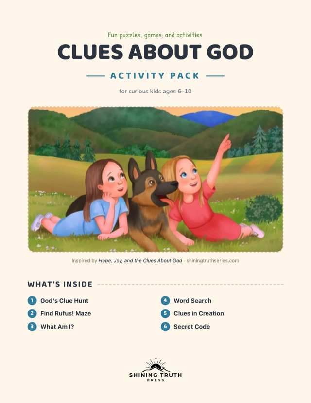 Front page of the Clues About God activity pack: twin sisters and their dog in a meadow, and the six puzzles and games inside