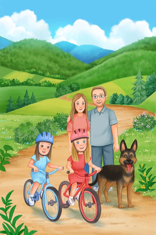 Hope, Joy, their parents, and Rufus on a bike ride through the hills