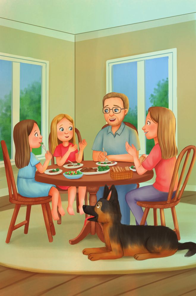 Hope, Joy, Mom and Dad talking around the dinner table, with Rufus lying at their feet