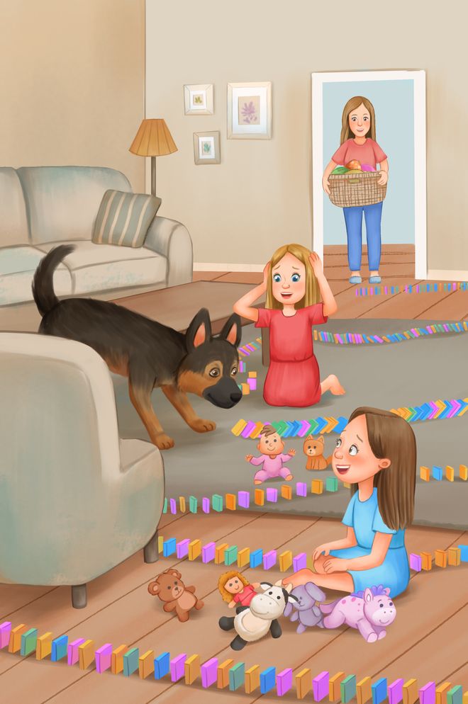 Hope and Joy watching a long line of dominoes fall as Rufus bounds toward them