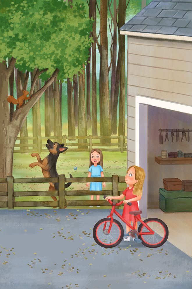 Joy wheeling her bicycle out of the garage while Rufus barks at a squirrel